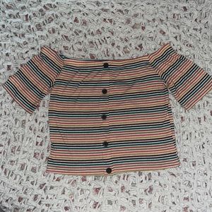 Gaze S striped off-the-shoulder short sleeve crop top